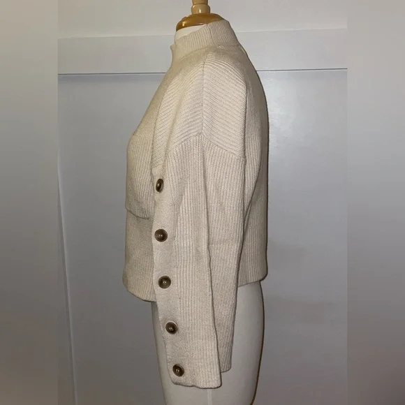 MANGO // cream ivory button detail mockneck sweater rib knit pocket - Picture 6 of 15